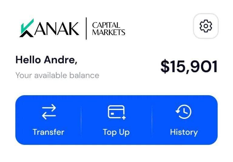 Kanak Capital Markets account balance interface showing transfer, top-up, and history options.