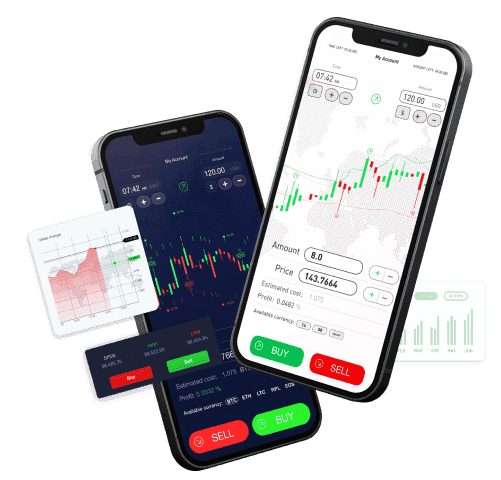 Kanak Capital Markets mobile app interface showing live trading charts, buy and sell buttons, and market data.